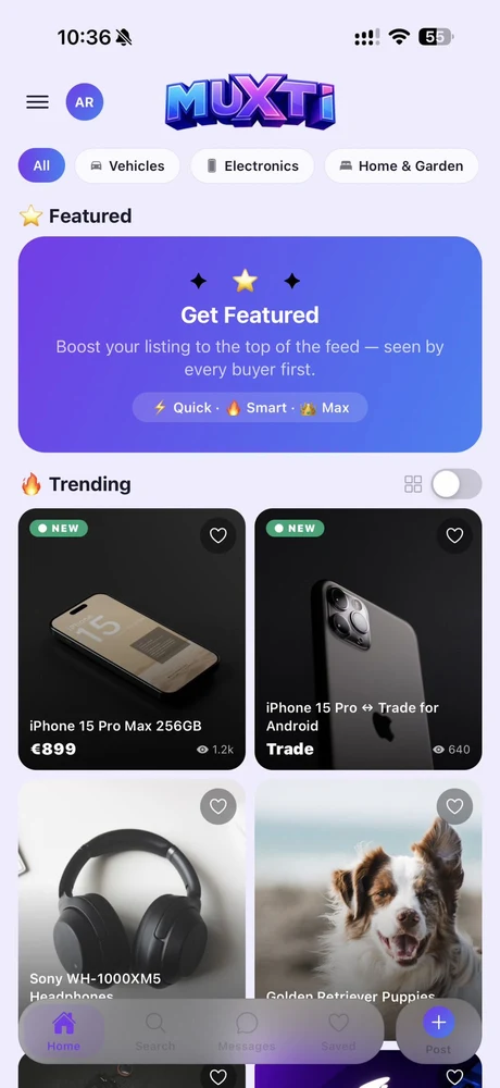 MUXTI home feed light theme